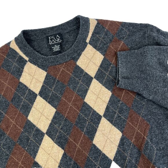 Mens Jos. A. Bank Argyle Crewneck Wool Blend Sweater Size XL Charcoal Preppy - Picture 1 of 6